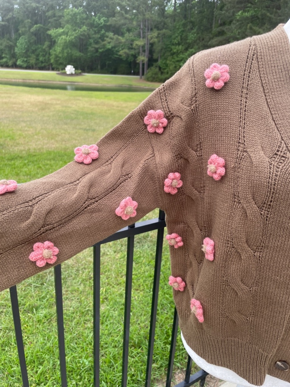 Storia Brown Cable Knit Cardigan with Pink 3D Embroidered Flower Accents - Picture 8 of 11